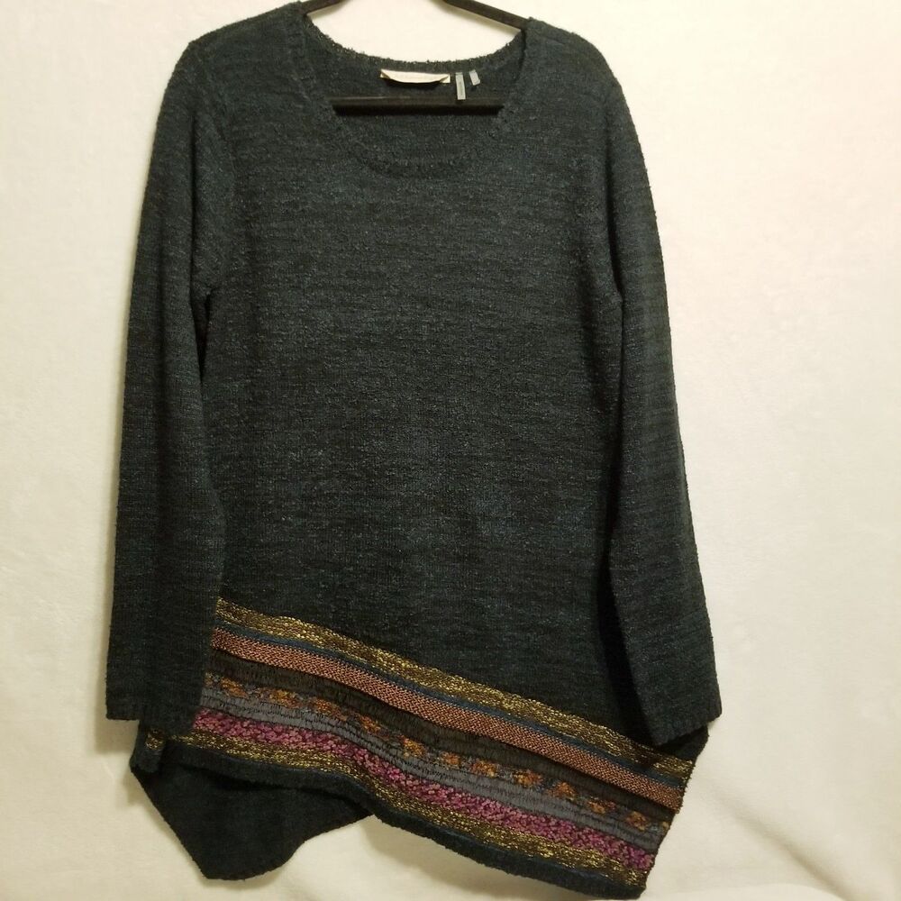 Soft Surroundings L Sweater Green Knit Asymmetrical Hem Mixed  Media Boho Artsy